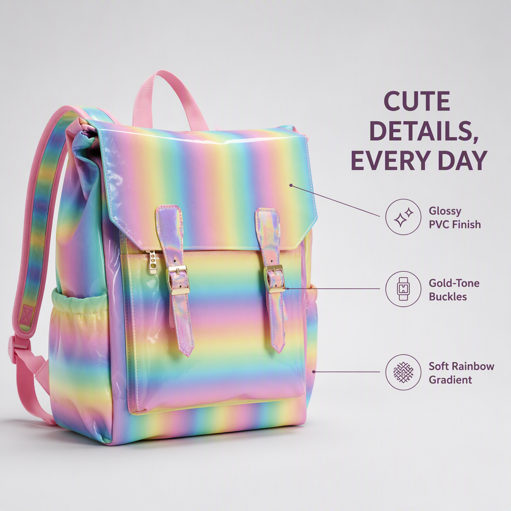 Cute Holographic Rainbow Backpack for Girls Teenagers Large Capacity Colourful PVC School Bag with Front Flap Pocket