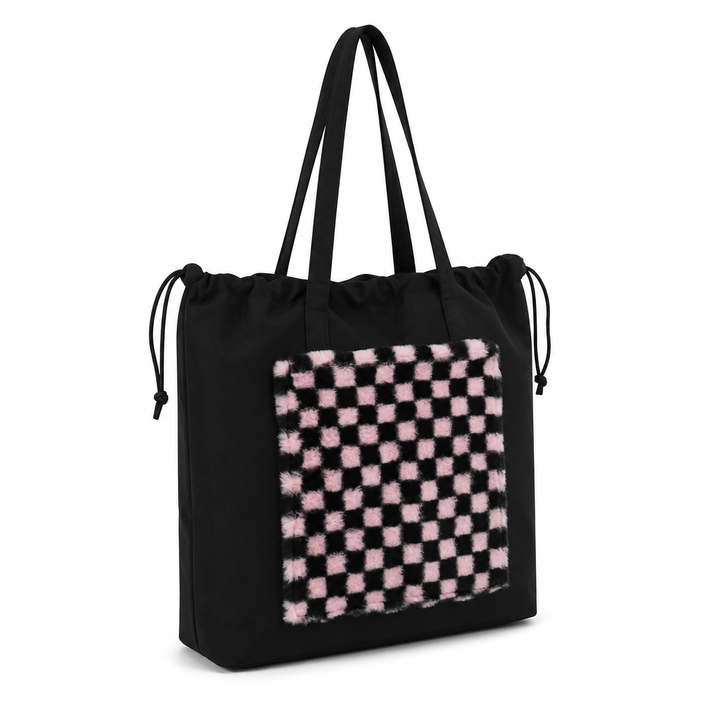 Advance Wholesale Plush Checkered Tote Bag Custom Lightweight Laptop Shoulder Bag with Drawstring Closure for Women