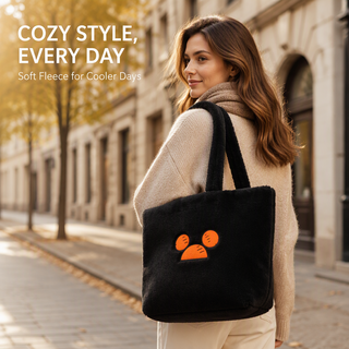 Soft Fleece Tote Bag for Women Large Capacity Black Plush Shoulder Handbag Lightweight Casual Shopping Bag for Daily Use